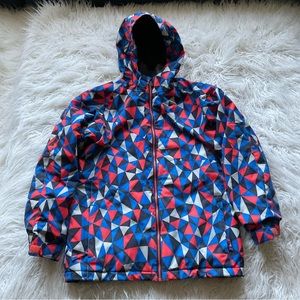 Kids Geometric Hooded Winter Jacket - Red & Blue